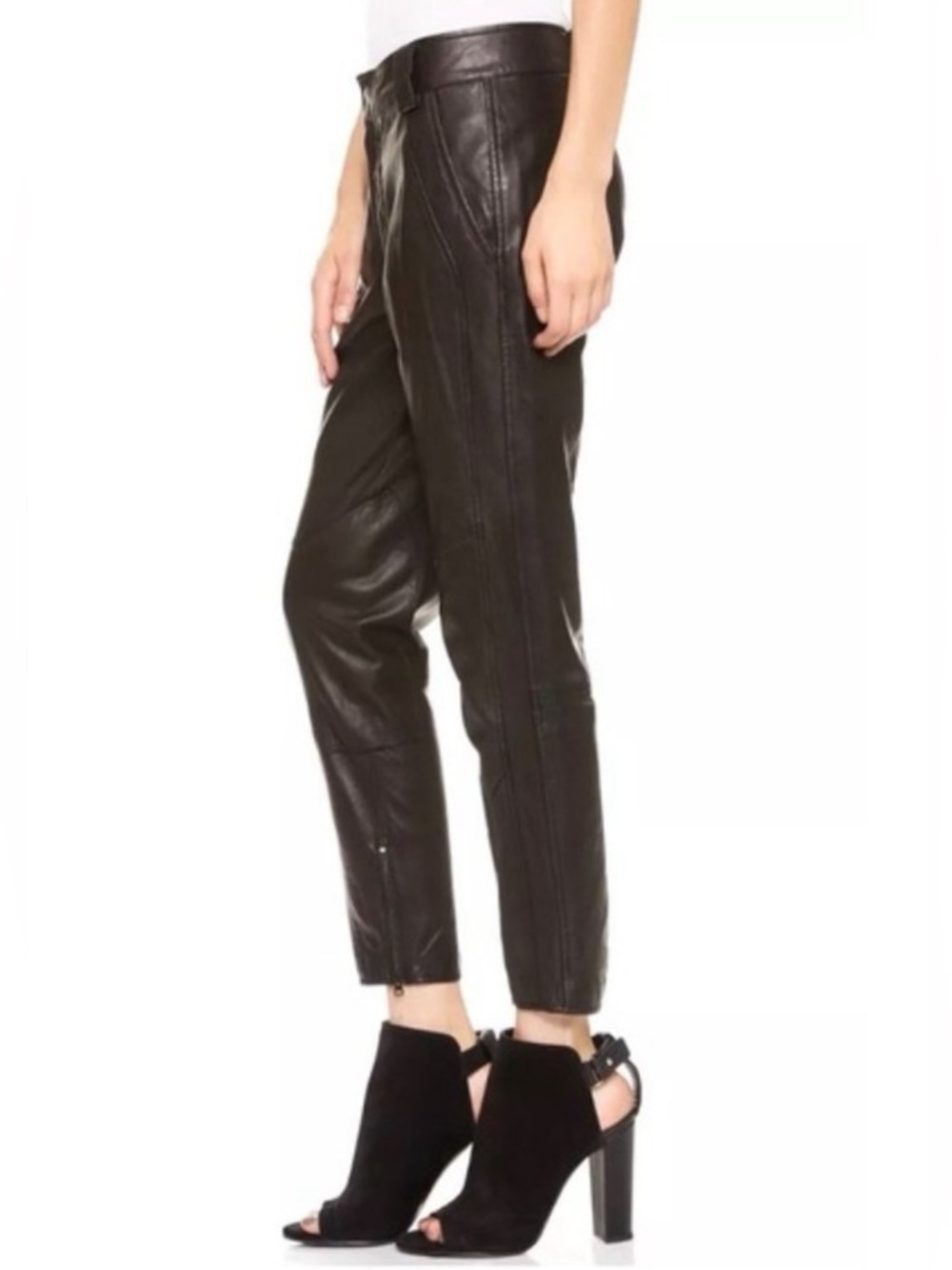 VINCE BLACK LAMBSKIN LEATHER MOTO CROPPED ANKLE LENGTH MOTO TROUSER PANT